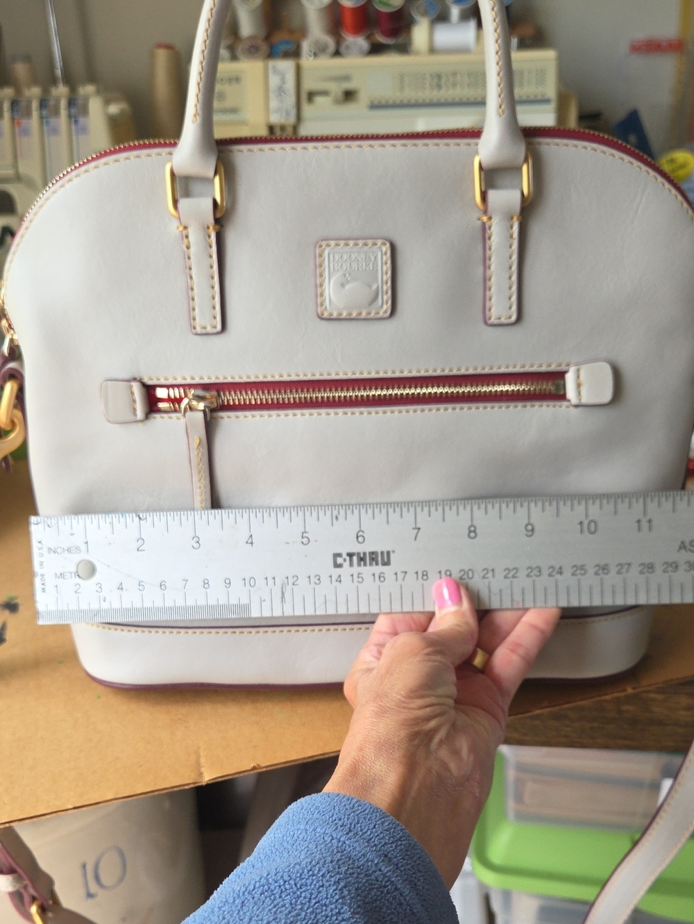 Dooney & Bourke Cream Leather Satchel with Red Trim - Picture 10 of 13